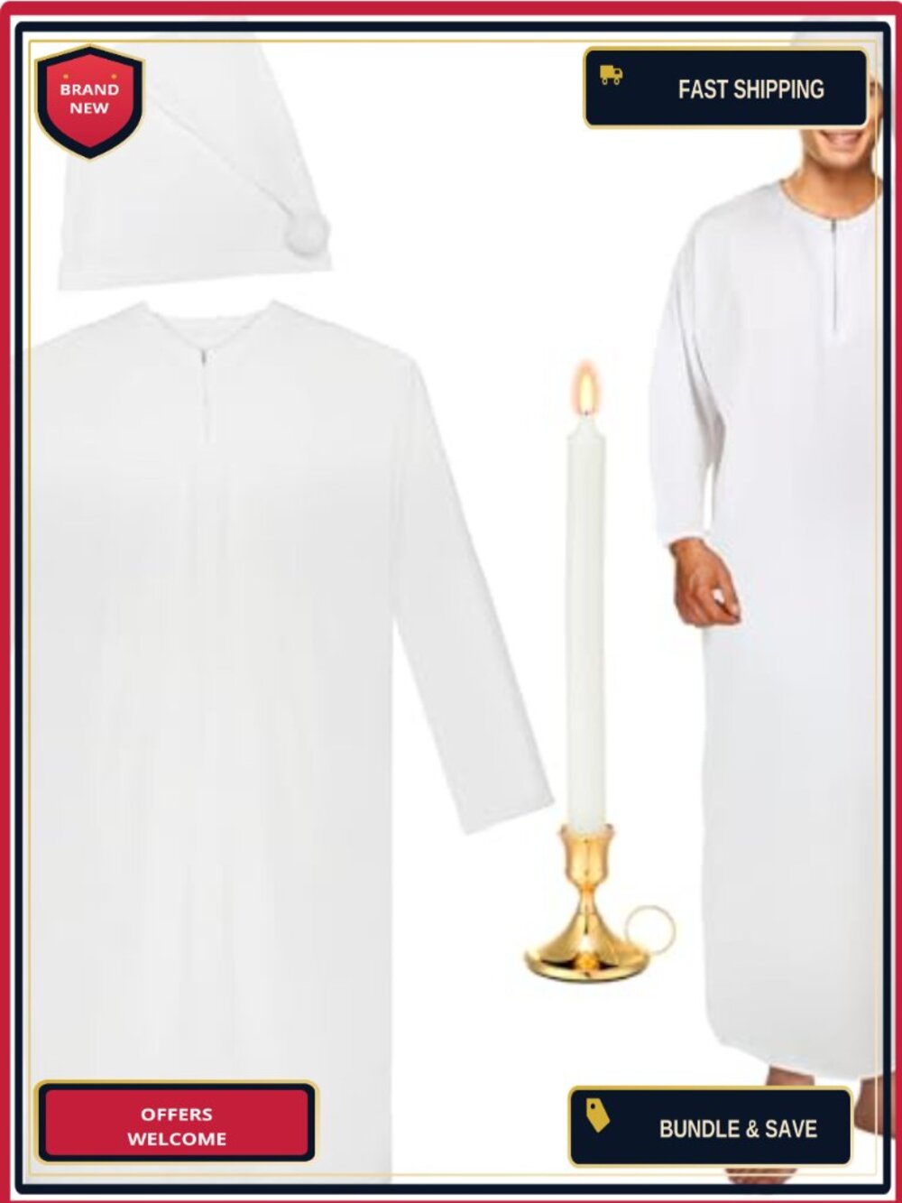 Men's Halloween Pajama Costume Set Nightgown Cap Candle Holder Polyester Cotton